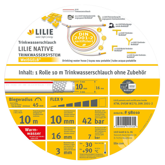 Trinkwasserschlauch WeißGelb warm 10x16 mm, Verkaufspackung 10 m Rolle
