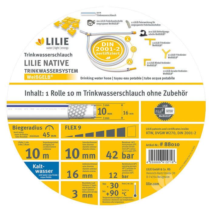 Trinkwasserschlauch WeißGelb kalt 10x16 mm, Verkaufspackung 10 m Rolle