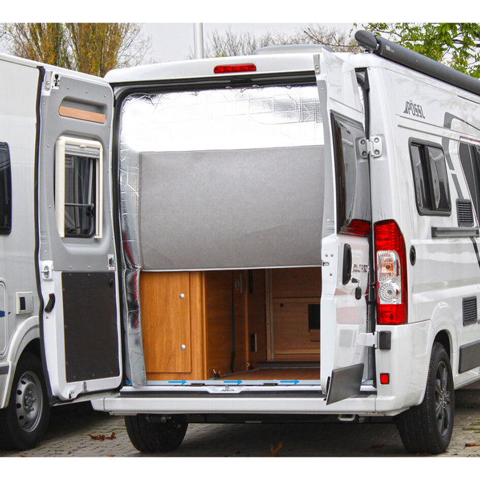 Thermovorhang DUO, Oberteil mit Fensterausschnitt, hellgrau für Hecktüre, hoher Türausschnitt zu Fiat Ducato ab Bj. 2006/07